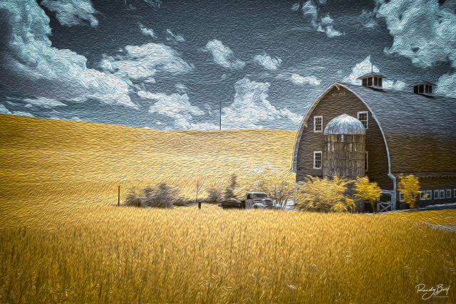 720 nm false color of the orange truck and red barn in the Palouse.