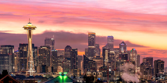 panorama image of downtown Seattle and the space needle from Kinnear Street on Queen Anne.