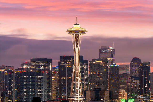 Sunrise behind the Space Needle in Seattle, Washington