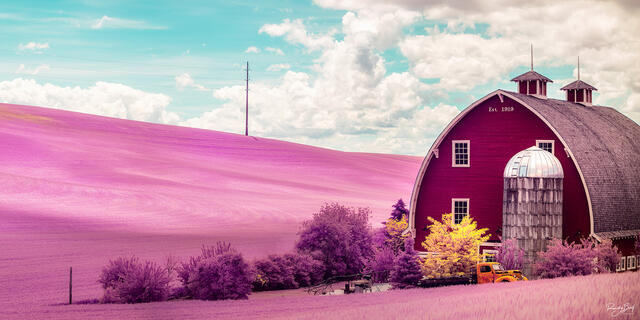 infrared image of the orange truck and red barn in the Palouse