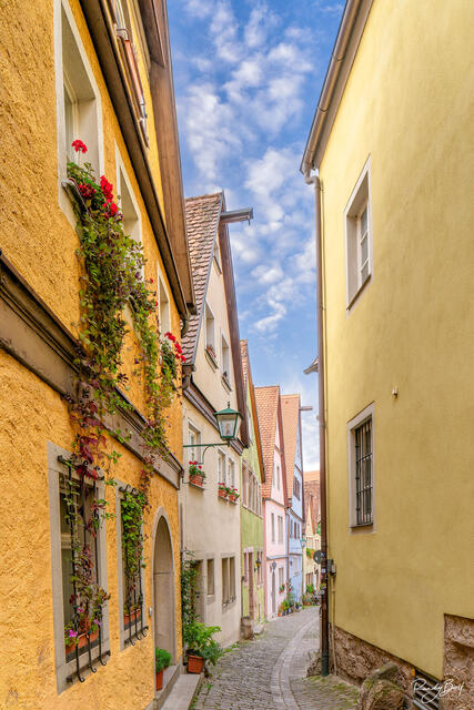 colorful alleyway in Rothenurg Ob Der Tauber, Germany with fresh flowers  and cobblestones.