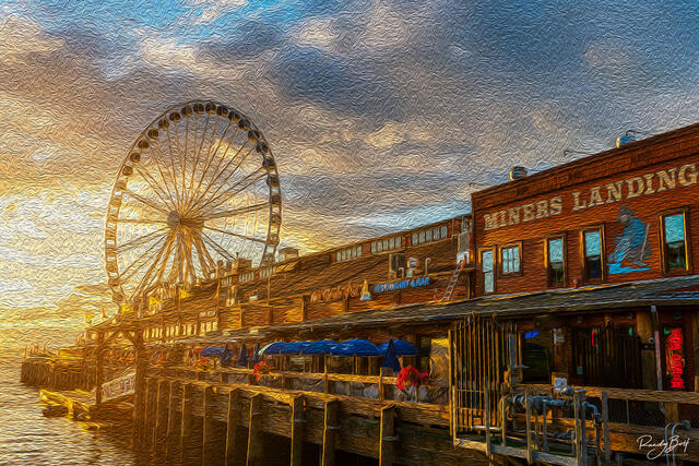 Sunset at miners landing in Seattle.