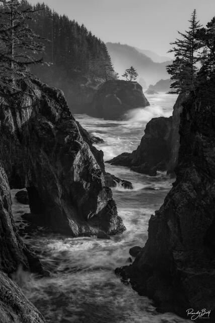 natural bridges on the Oregon Coast in black and white.