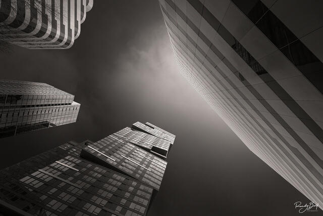 black and white architecture of the twisted building in Seattle