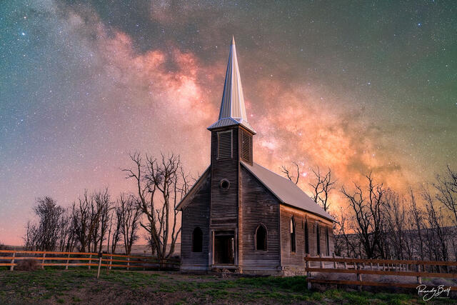 Locust Grove church in Oregon with the Milky Way galaxy in the background.