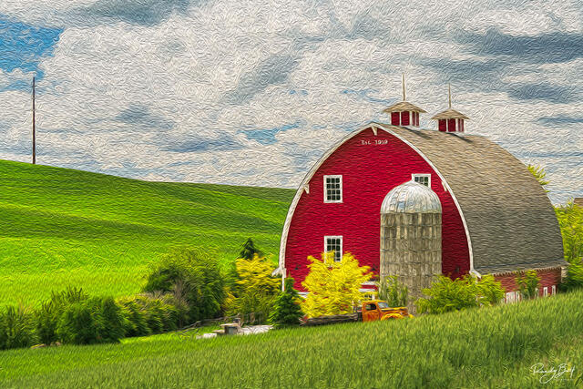 famous red barn and orange truck in the Palouse.