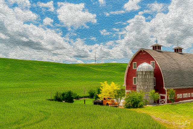 famous barn and truck in the Palouse as an oil painted fine art print.
