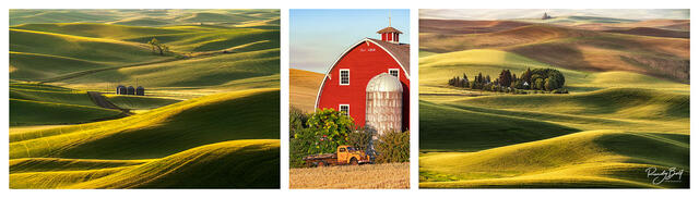 triptych prints showing the scenery of the Palouse with the famous red barn and orange truck