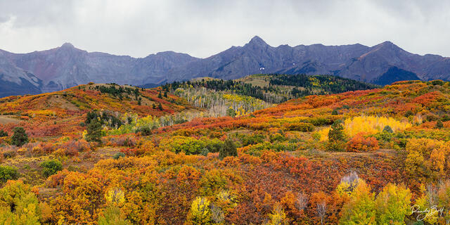 panoramic image from Dallas Divide in colorado with Mount Sneffels in the background.