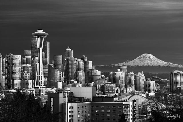 fine Art black and White cityscape photograph of downtown Seattle from Kerry Park.