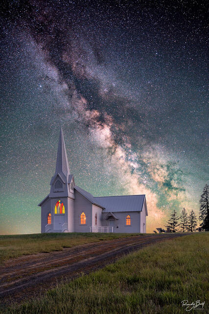photograph of the Milky Way galaxy and the old church in Sherman, washington.