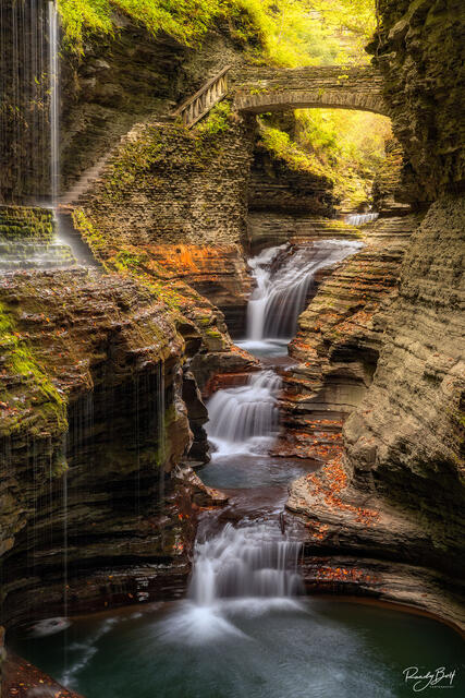 Watkin's Glen State Park waterfalls and bridge in the Finger Lakes region of New York.