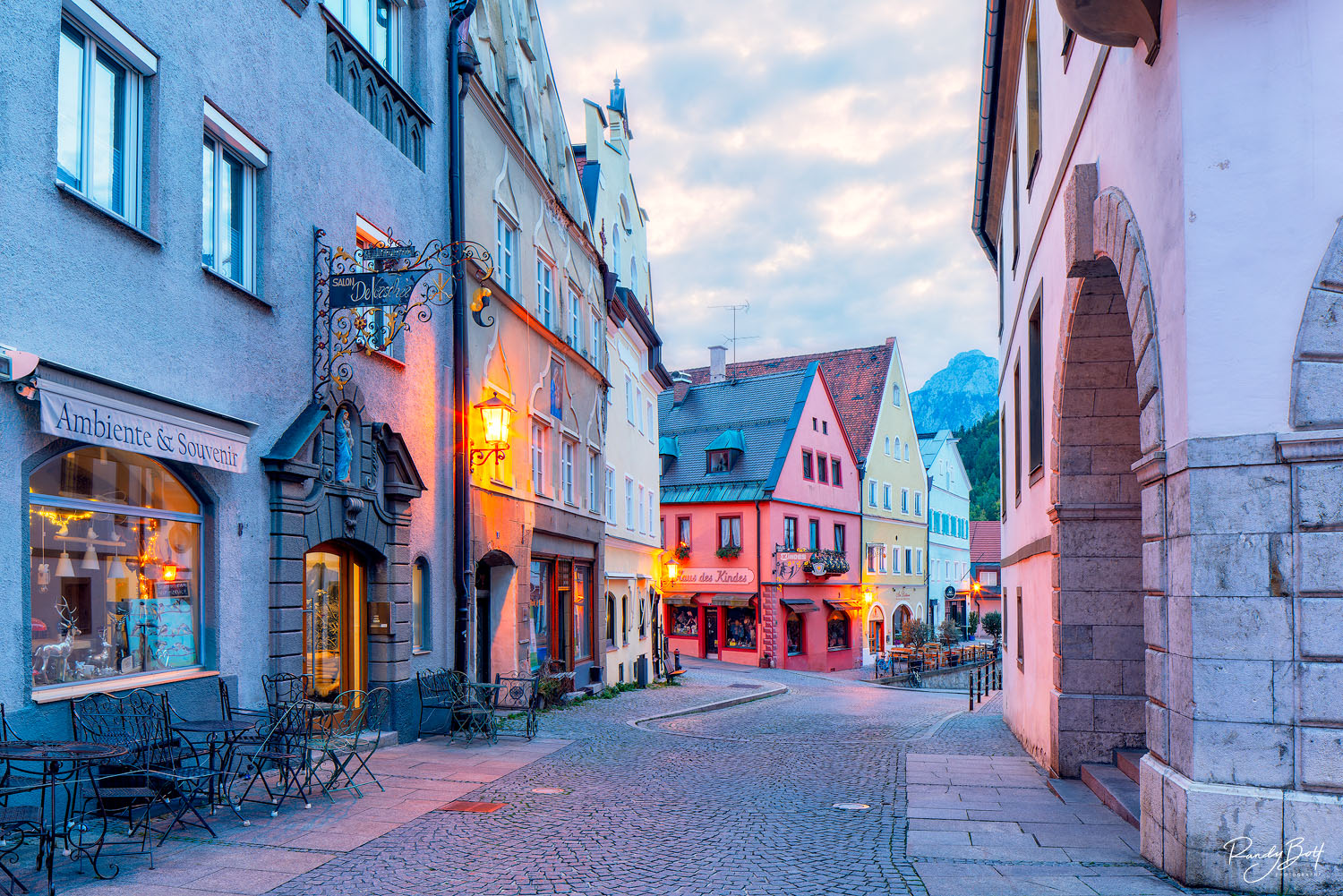 Ambiente colorful buildings on the streets of Fussen Germany during sunrise