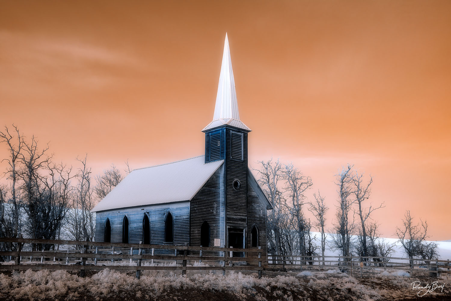infrared photo of the locust grove church in Wasco, Oregon.