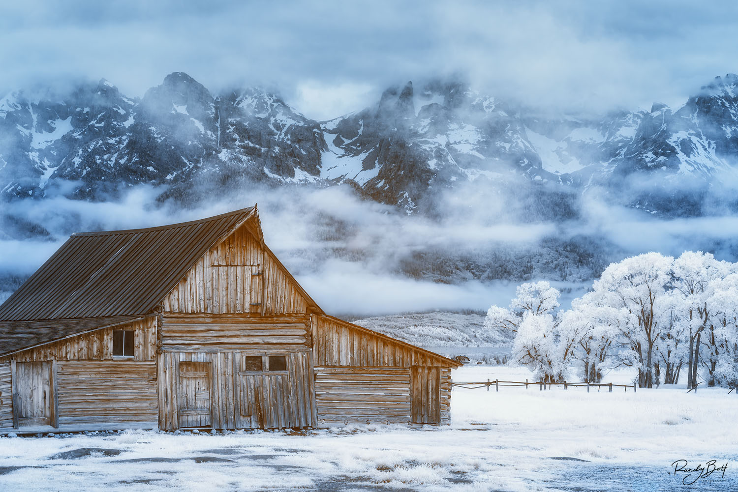Cold Summer Mormon Row barns and the Teton Mountains photographed with Hoya R72 infrared filter.