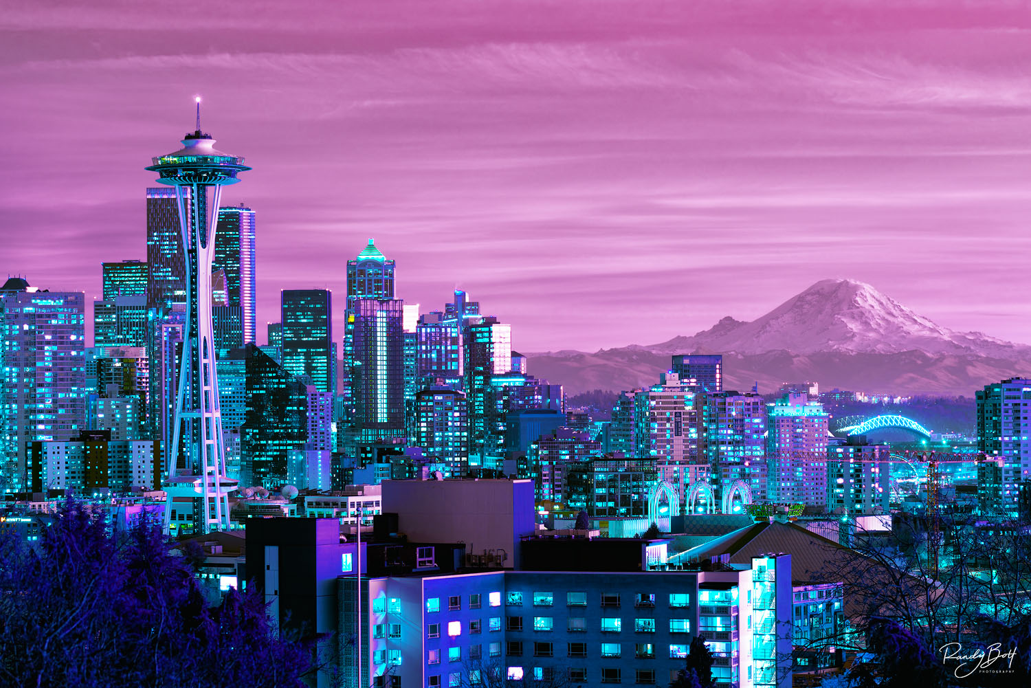 Purple Green Seattle Seattle skyline from Kerry park in the 470 nanometer hyper color infrared spectrum with mount rainier in the background.