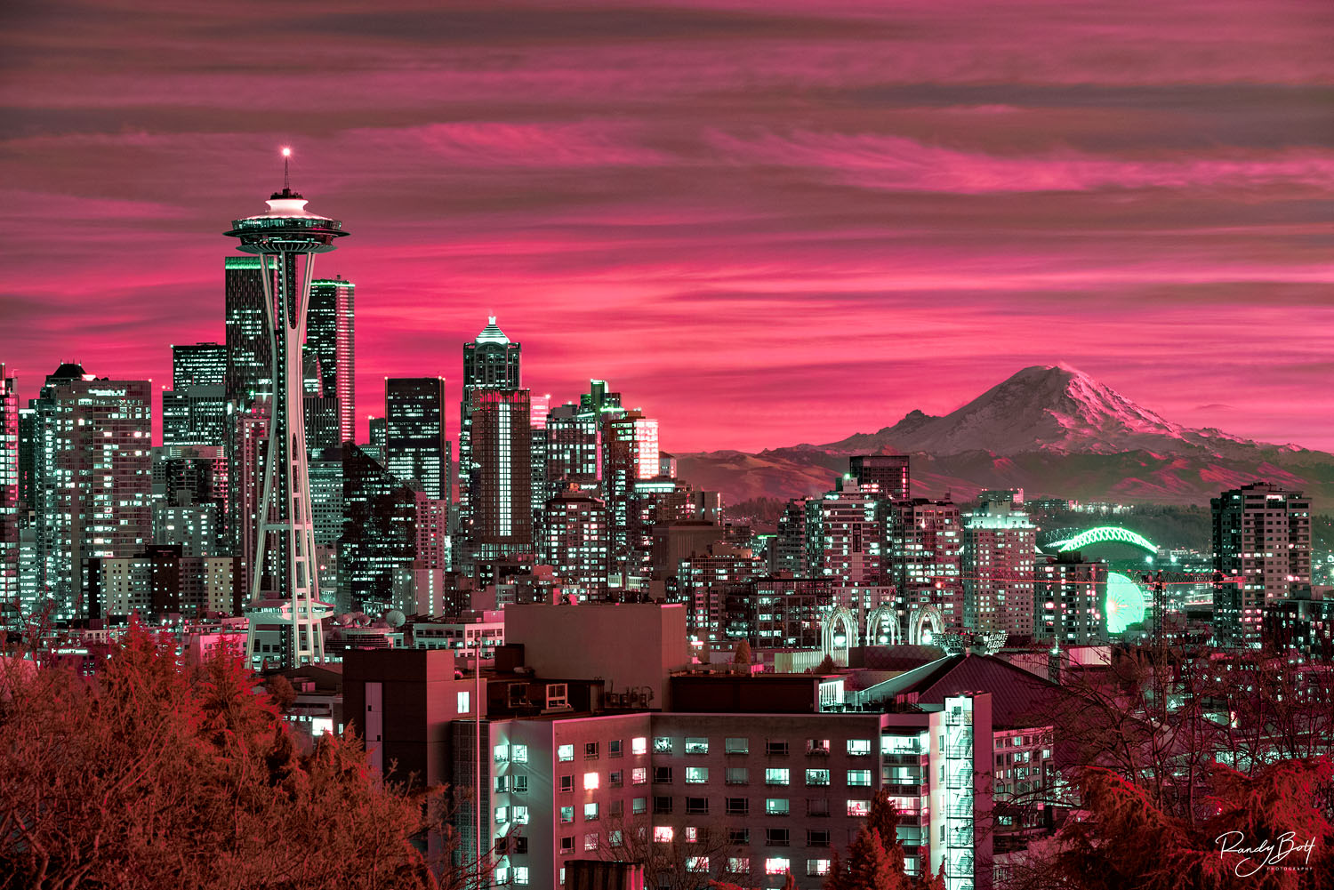 Downtown Seattle with Mount Rainier from Kerry Park in the infrared light spectrum
