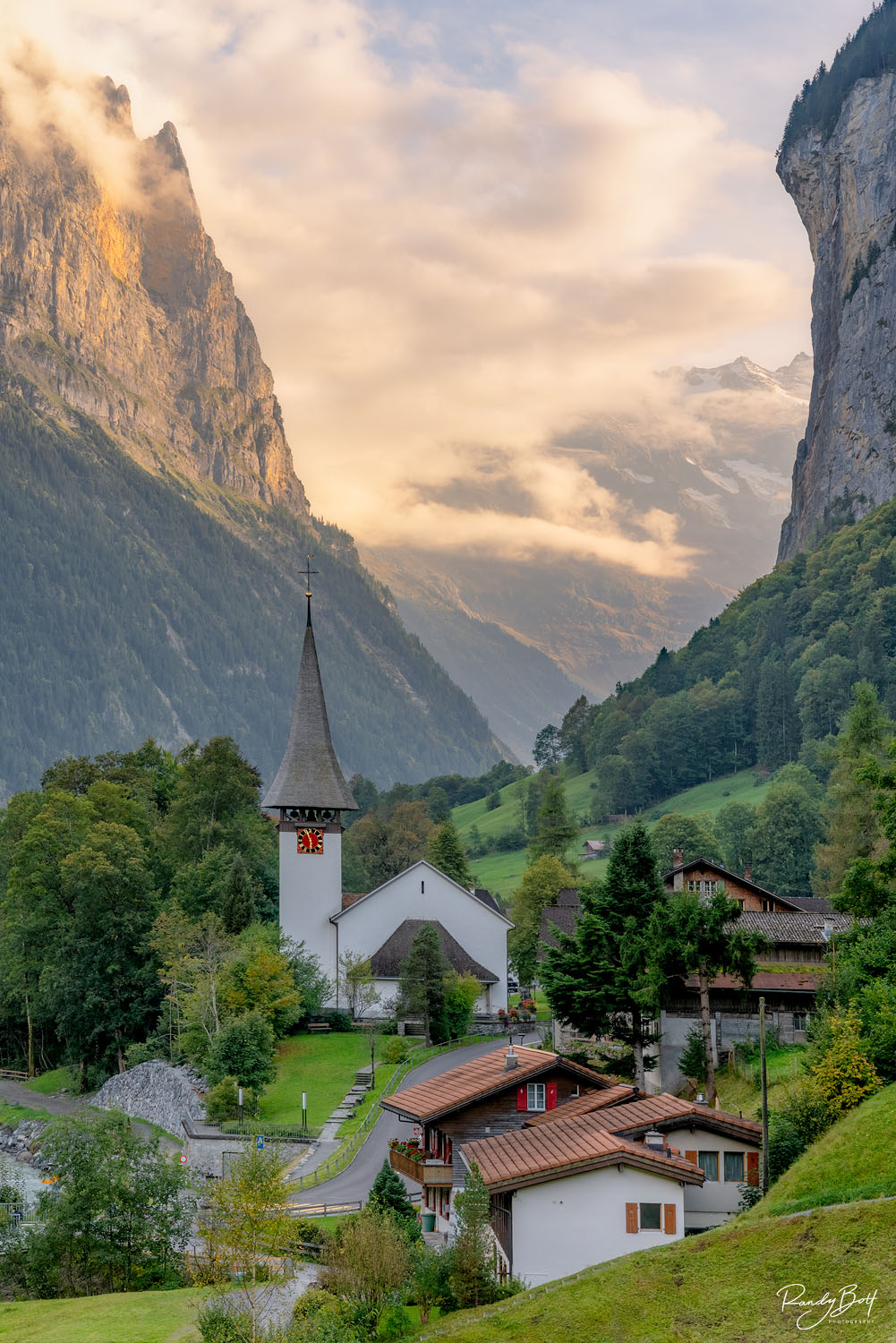 Lauterbrunnen Church Lauterbrunnen church at sunset with the gold light touching the mountains in the background