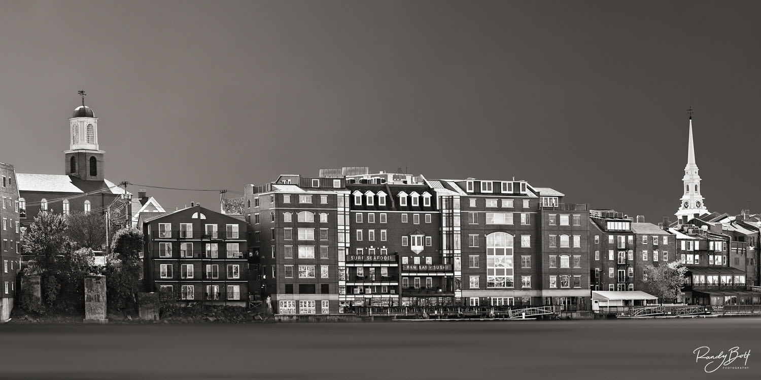 Portsmouth Waterfront black and white panorama photograph of downtown Portsmouth, New Hampshire.