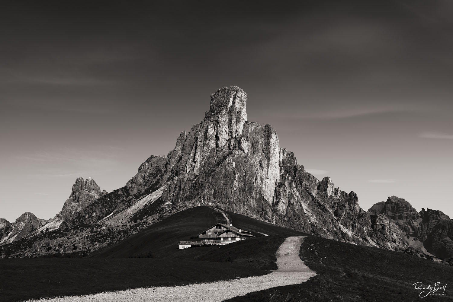 Ra Gusela black and white photo of Ra Gusela at Passo Giau in the Italian dolomites with a hut
