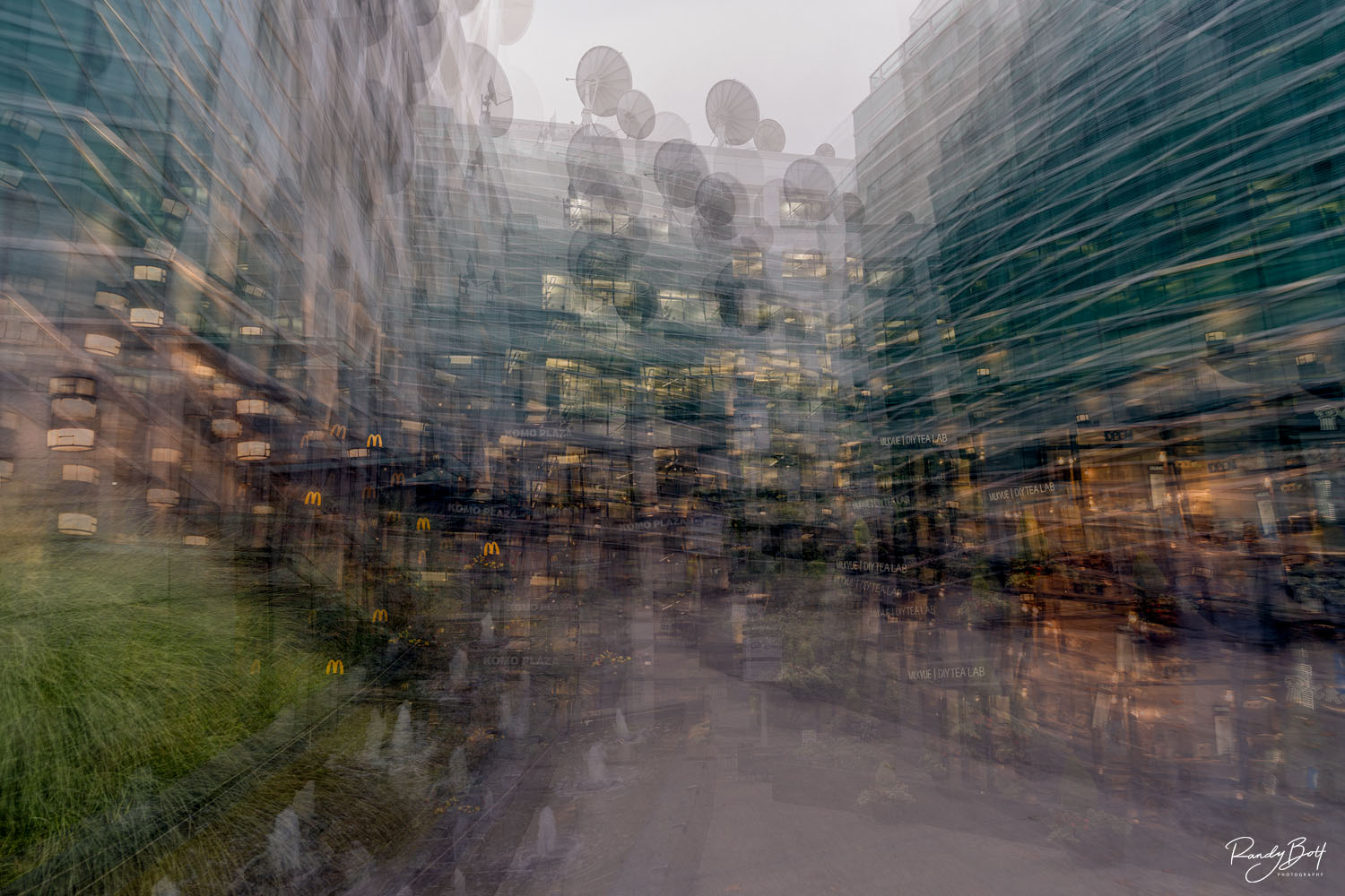 Radio Antennas Komo 4 building edited using multiple exposures to create an abstract image.