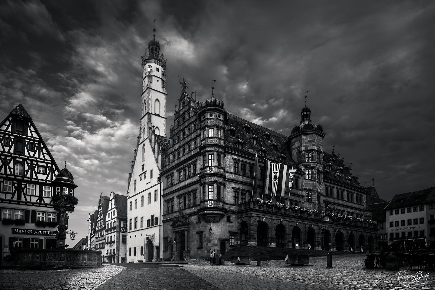 Rothenburg Marketplace black and white image of the Rothenburg ob der Tauber marketplace