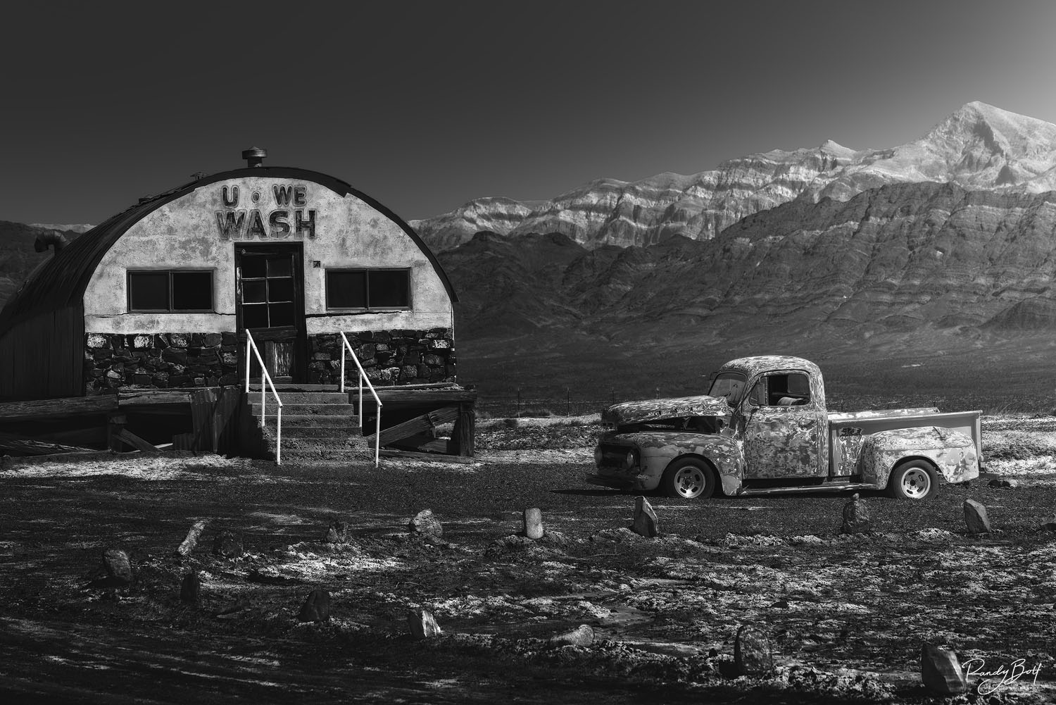 Tecopa U-Wash black and white fine art image of the Tecopa U-WE Wash and old truck