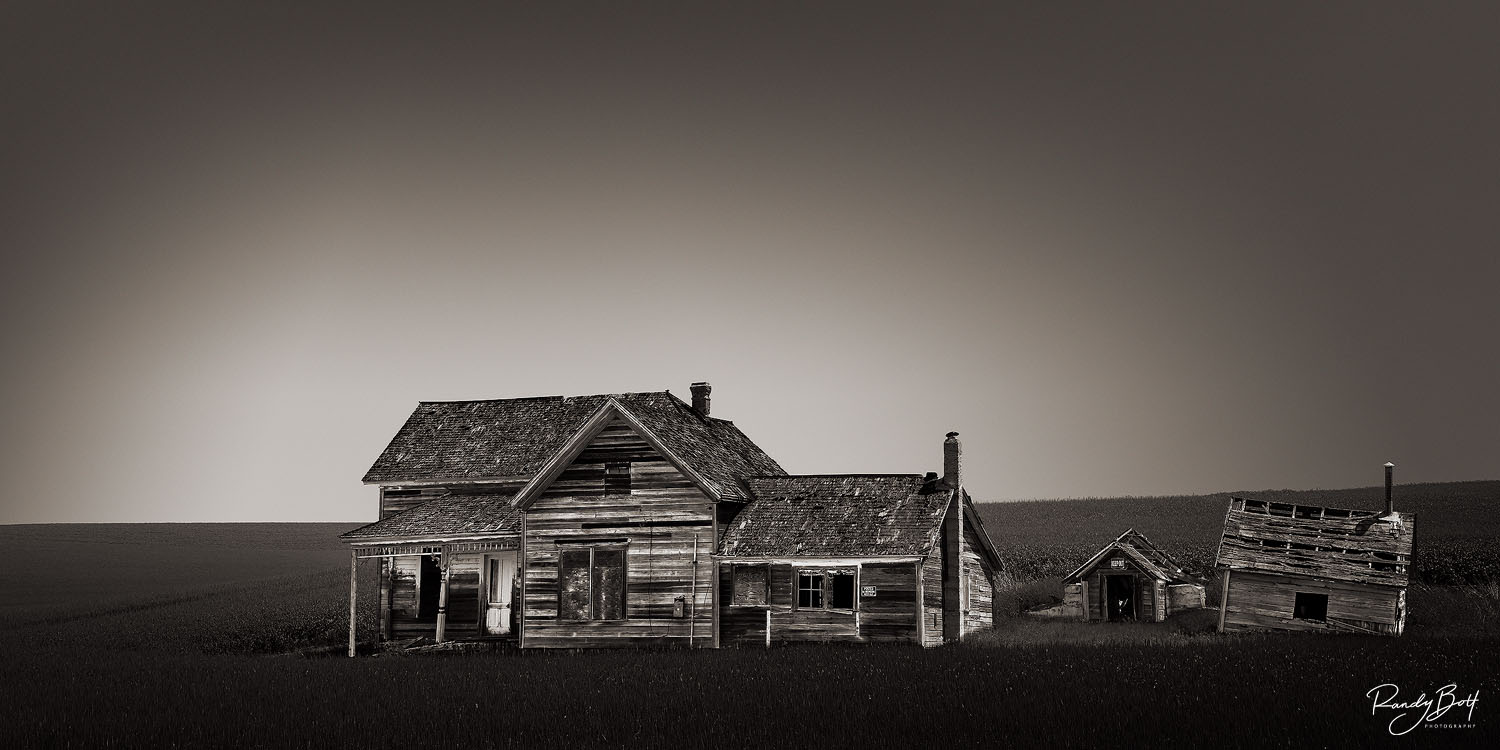 black and white Weber Farmstead panorama photograph