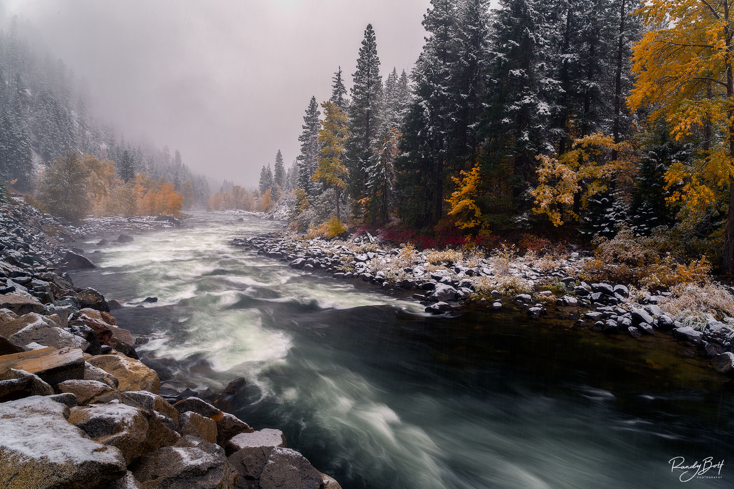Wenatchee River Storm fall color and snow in the Tumwater Canyon near Leavenworth, Washington